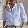 Women’s Button-Down Shirt with Pinstripe and Ruffle Detail
