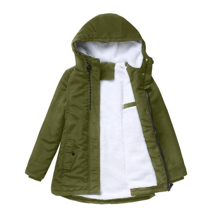 Women's Fleece-Lined Hooded Parka with Drawstring Hood and Flap Pockets