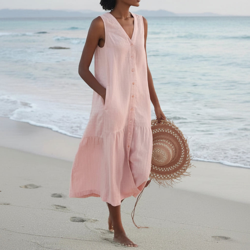Summer Pure Color Cotton Strap Type Temperament Commute Trendy Long Dress Loose Waist Dress