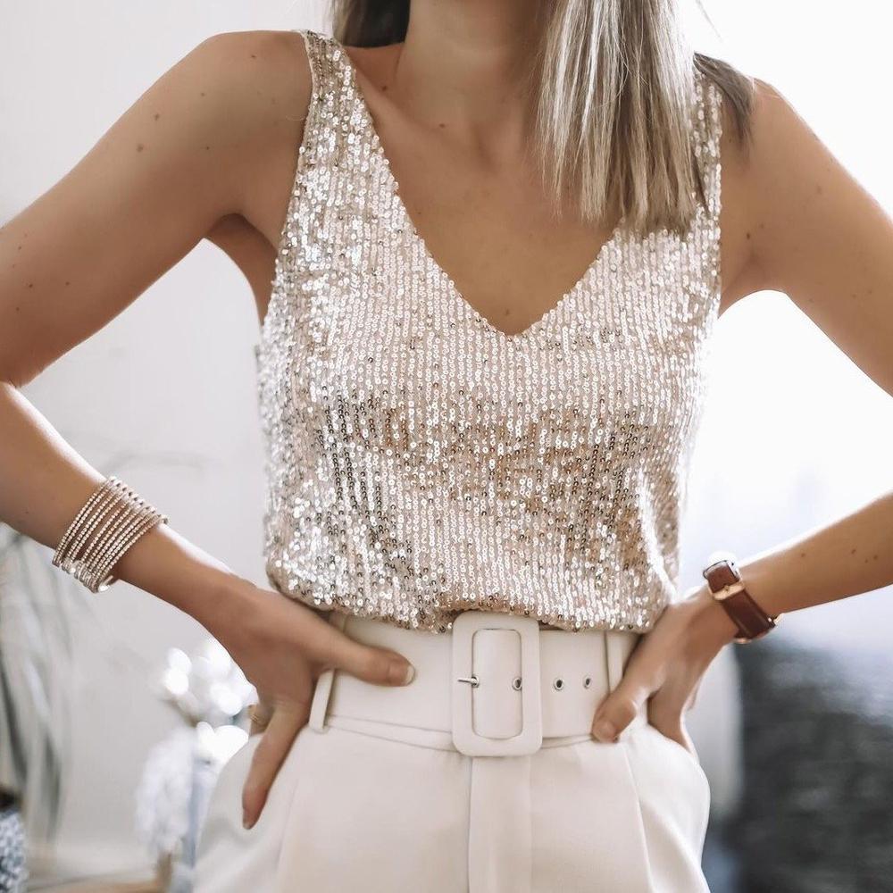 Women’s Sleeveless V-neck Sequin Top for Summer