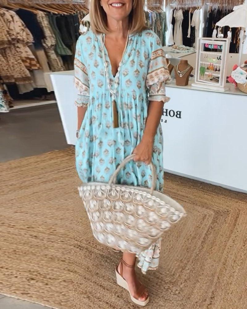 Women’s V-Neck Midi Dress with Puff Sleeves