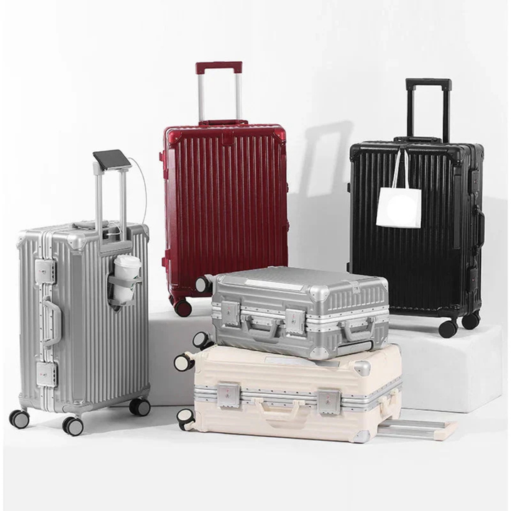 Hard-shell suitcase with aluminum frame