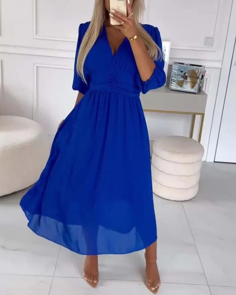 Women’s Midi Dress with V-neck and Three-Quarter Sleeves