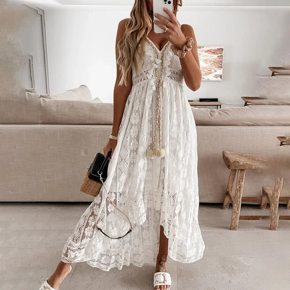 BreezeCharm – Boho Lace Tie Dress with Tassels