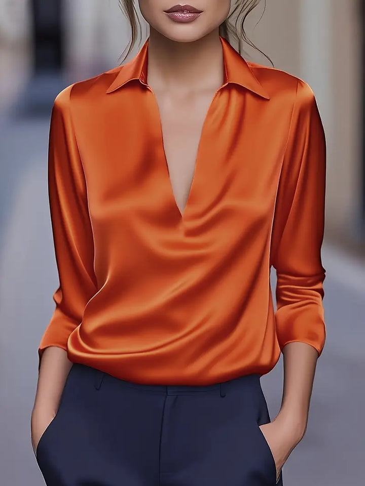 Women's Satin V-Neck Blouse with Draped Collar