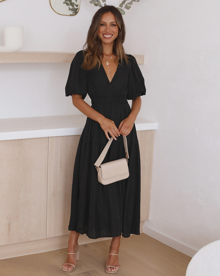 Women’s V-Neck Midi Dress with Tiered Skirt and Puff Sleeves