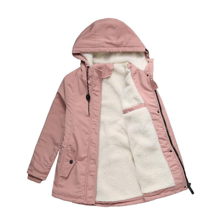 Women's Fleece-Lined Hooded Parka with Drawstring Hood and Flap Pockets