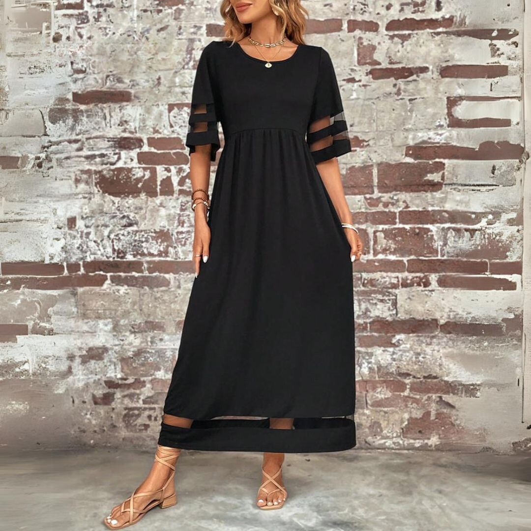 Women’s Midi Dress with Round Neckline and Transparent Cuffs