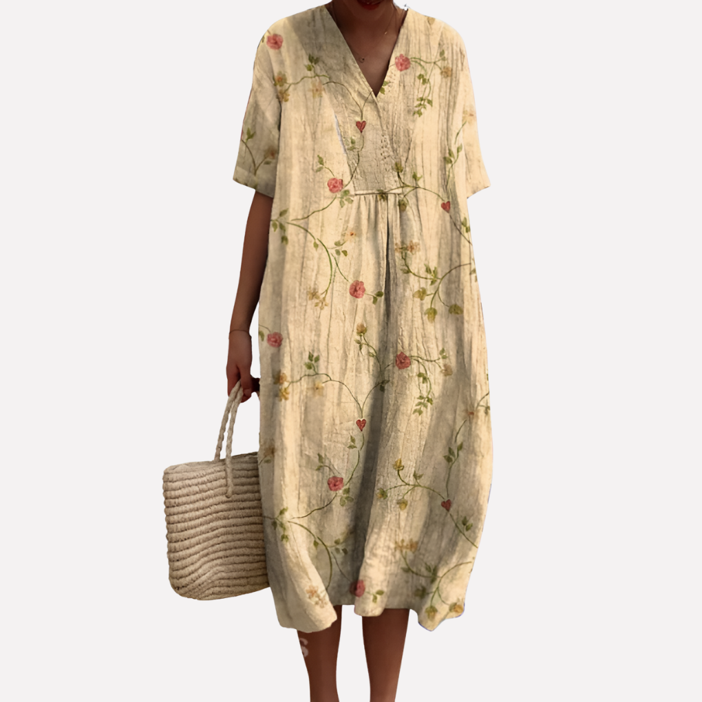 Women’s Floral Summer Dress – V-Neck &amp; Short Sleeves