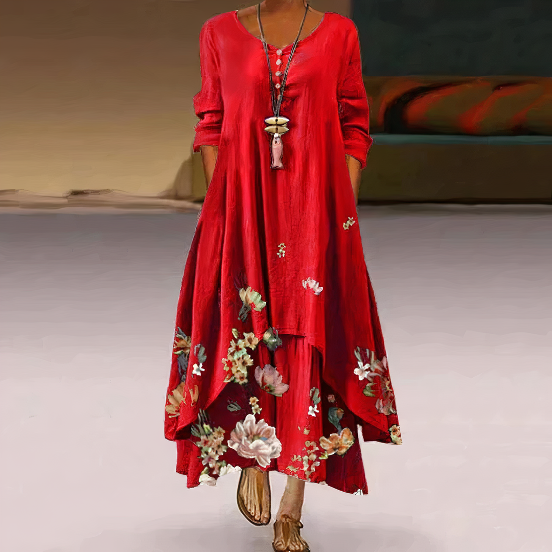 Women’s Long-Sleeve Midi Dress with Asymmetric Hem