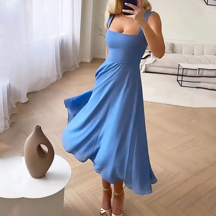 Women’s Sleeveless Midi Dress with Square Neck Design