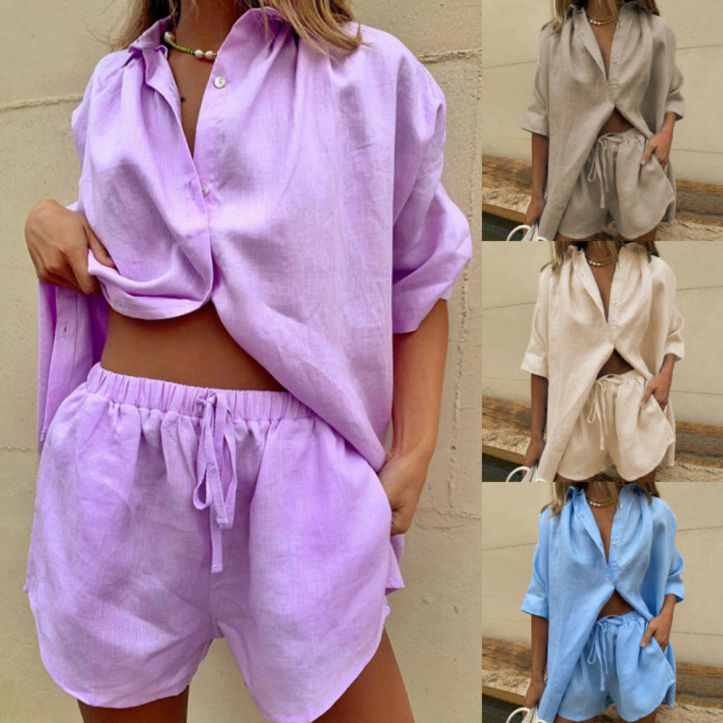 Single-Breasted Lapel Short-Sleeved Shirt Two-Piece Wide-Leg Pants Lace-Up Shorts