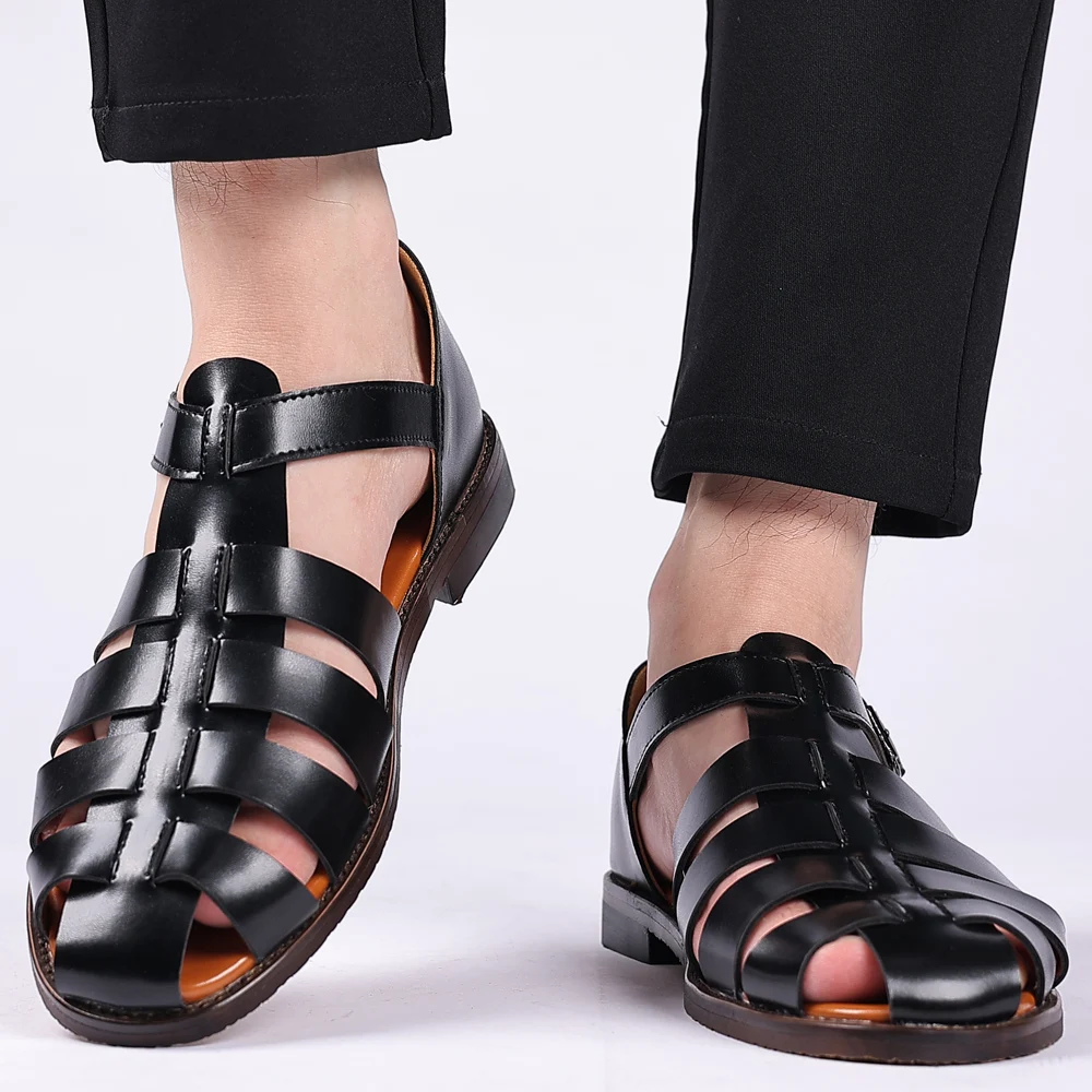 Men’s Summer Vegan Leather Sandals with Multiple Straps and Buckle Closure