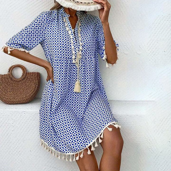 Women’s Mini Dress with V-neck and Tassel Details