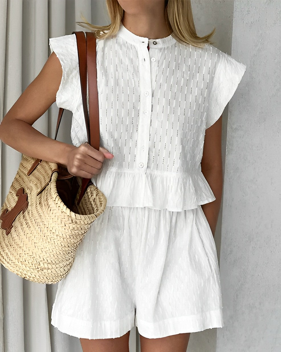 Women’s Blouse Set with Ruffle Hem and Paired Shorts