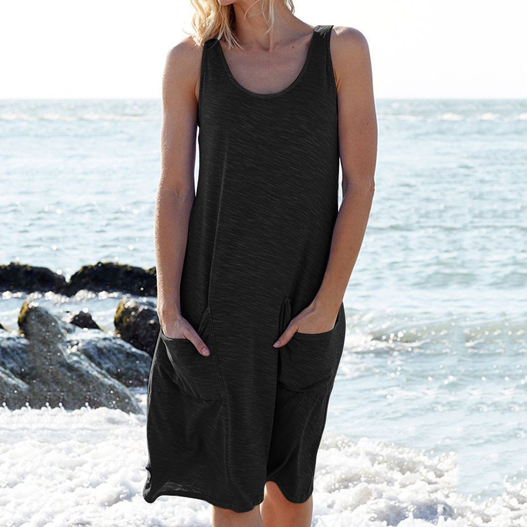 Women’s Sleeveless Mini Dress with Round Neck and Pockets