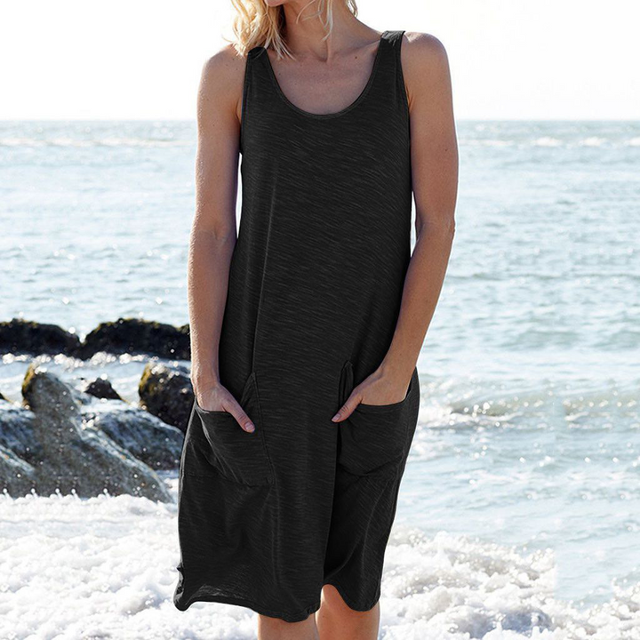 Women’s Sleeveless Mini Dress with Round Neck and Pockets