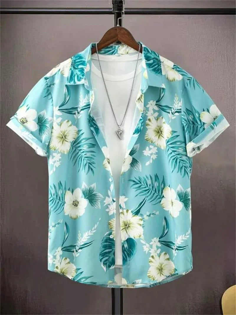 Men’s Short-Sleeved Shirt with Button Placket and Print
