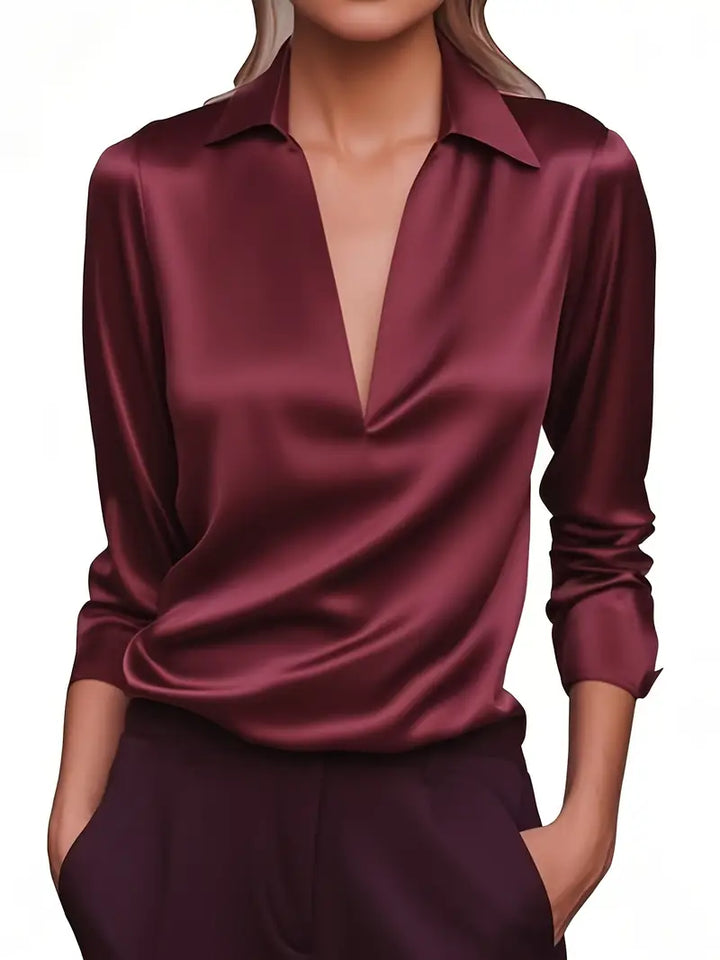 Women's Satin V-Neck Blouse with Draped Collar