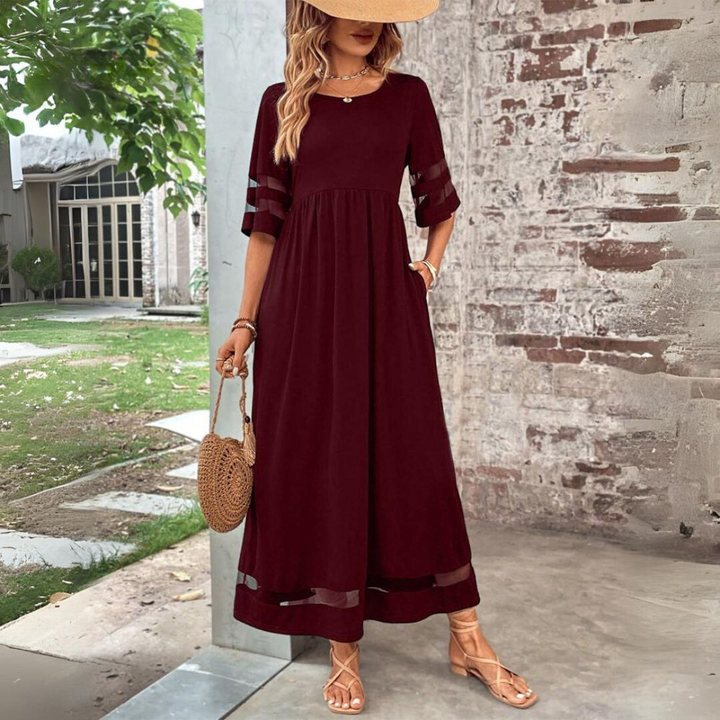 Women’s Midi Dress with Round Neckline and Transparent Cuffs