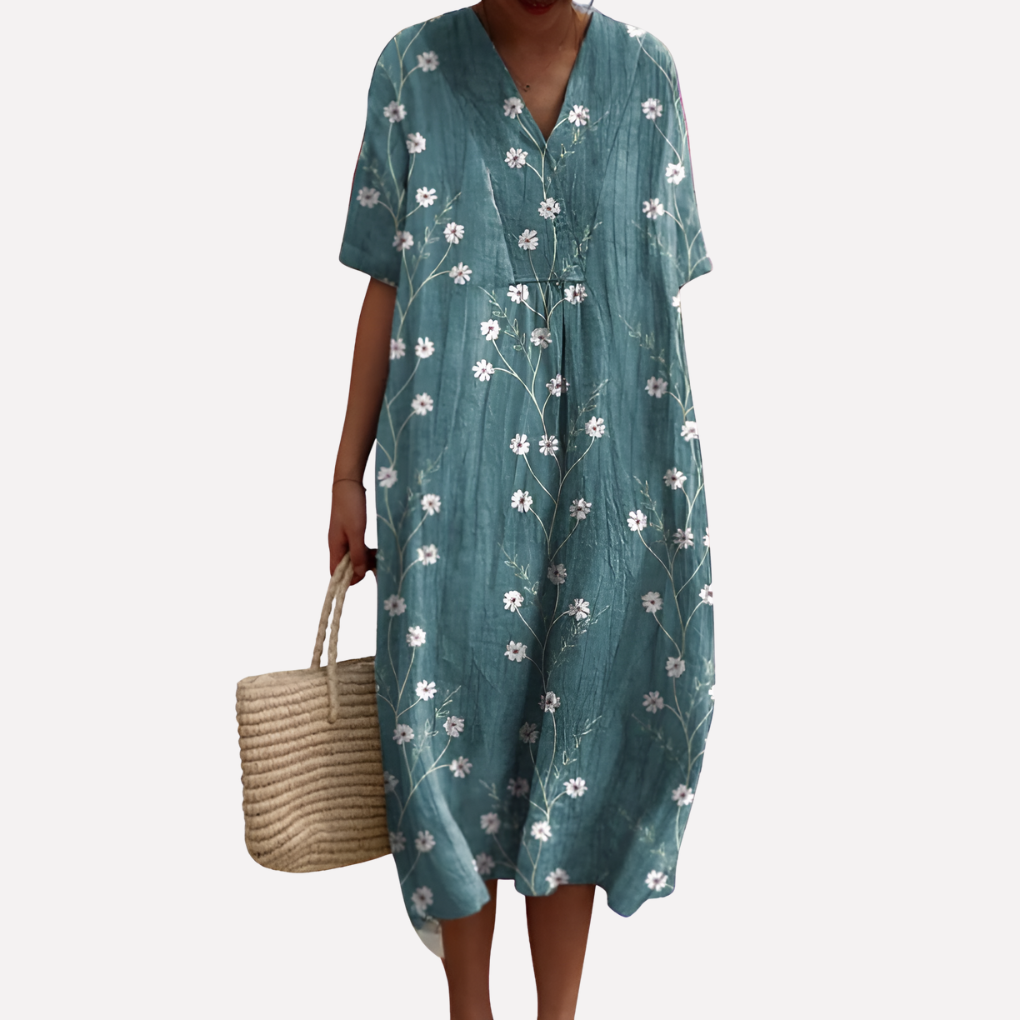 Women’s Floral Summer Dress – V-Neck &amp; Short Sleeves