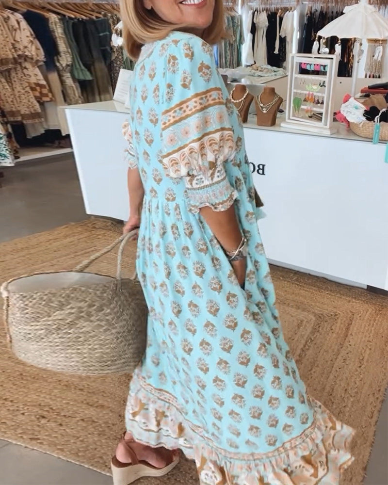 Women’s V-Neck Midi Dress with Puff Sleeves