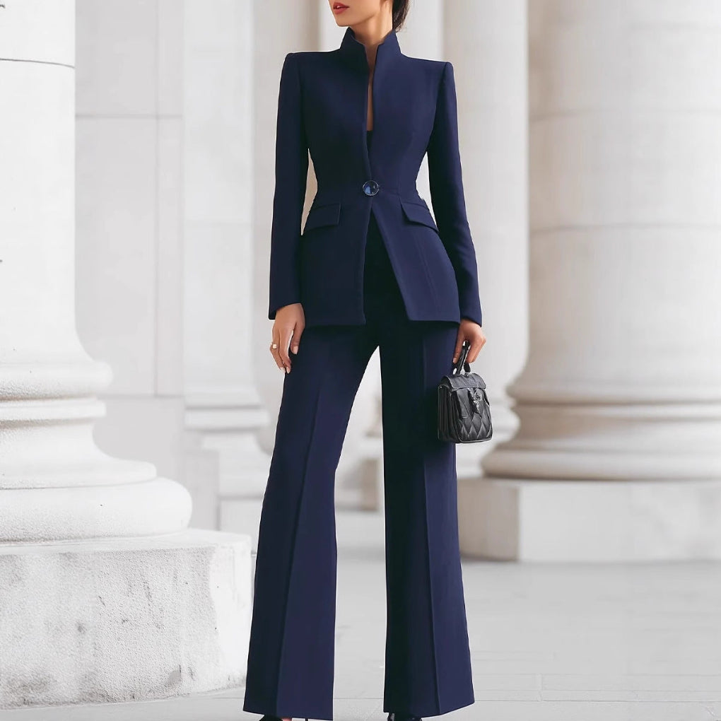 Long Sleeve Solid Color Pocket One Button Small Suit Two-piece Pants