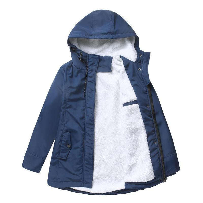 Women's Fleece-Lined Hooded Parka with Drawstring Hood and Flap Pockets