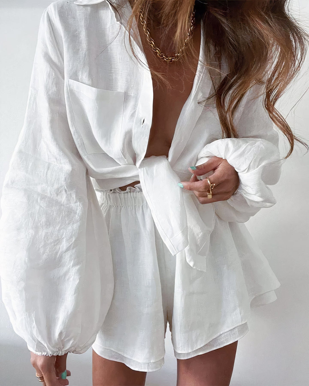 Women’s Linen Set with Balloon Sleeves and Shorts