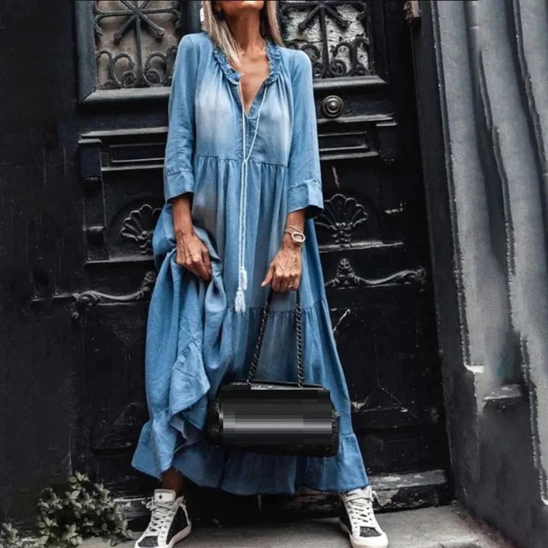 Women’s Summer Maxi Dress with V-Neck and Ruffle Trim