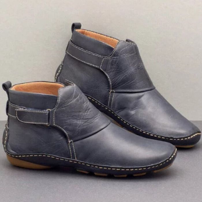 Women’s Vegan Leather Ankle Boots with Flat Sole and Buckle Strap