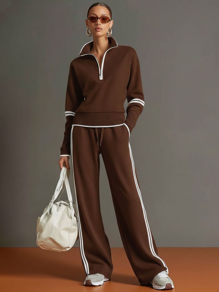 Women's Half-Zip Lounge Set – Soft Stretch, Wide-Leg Pants, Ideal Travel Outfit