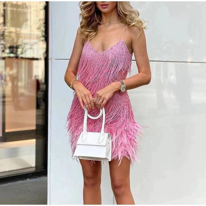 Women’s Mini Dress with V-neck and Fringe Hem