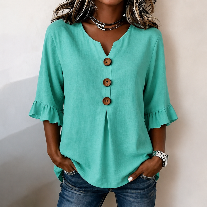 Women’s Ruffled Sleeve V-Neck Button Top