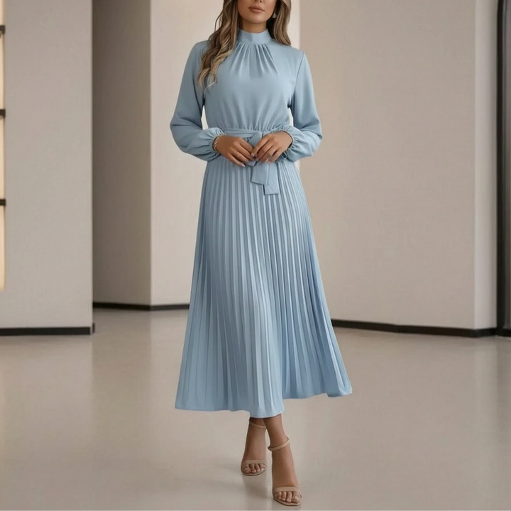 Long-Sleeve Pleated Midi Dress With Waist Tie