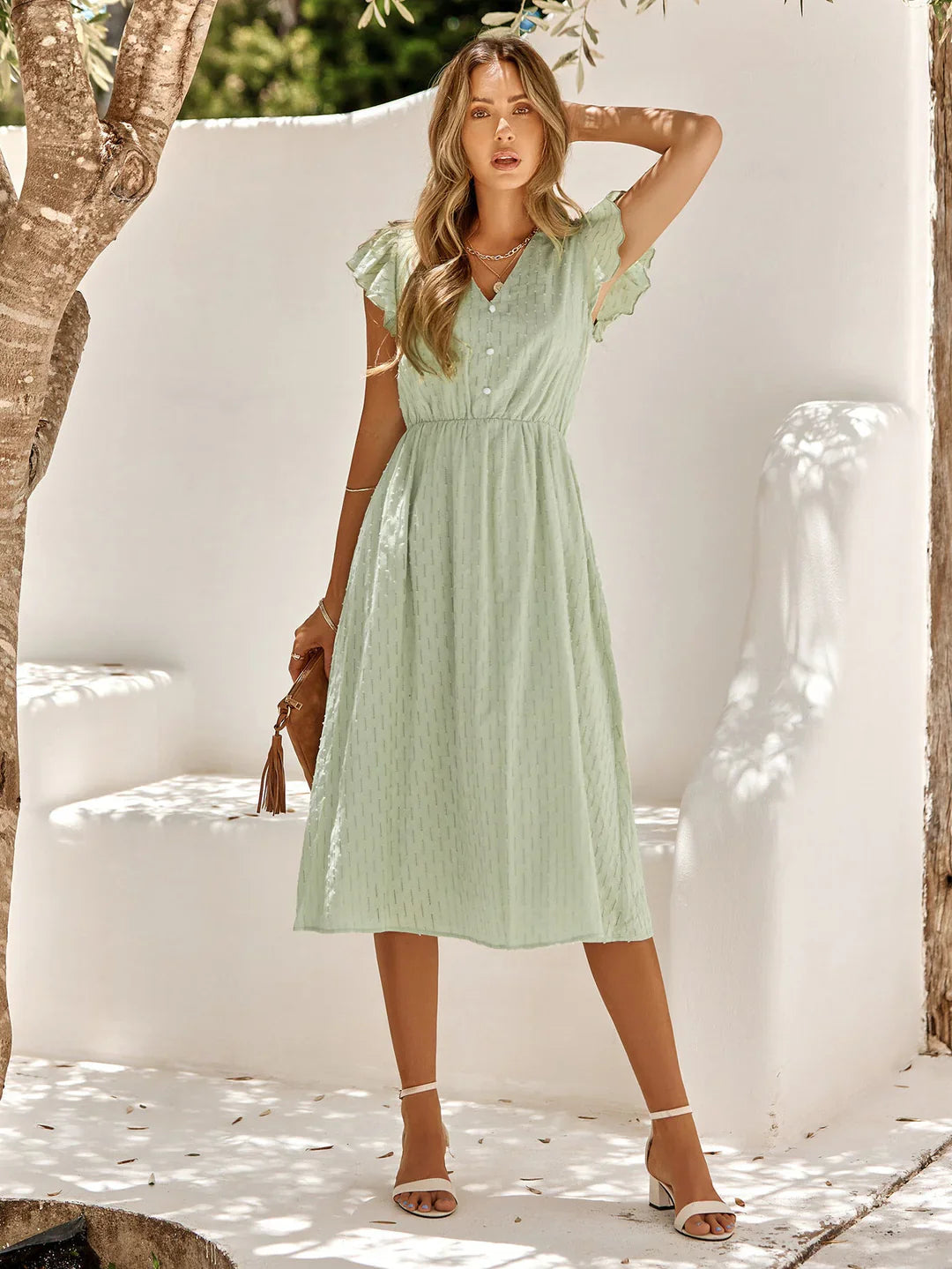 Women’s Patterned Midi Dress with V-Neck and Short Sleeves