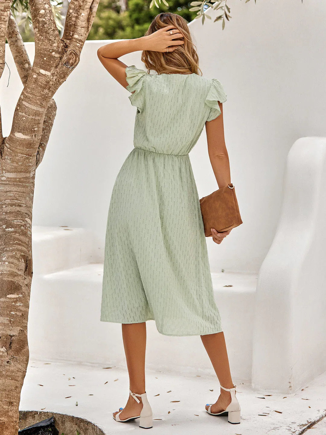 Women’s Patterned Midi Dress with V-Neck and Short Sleeves