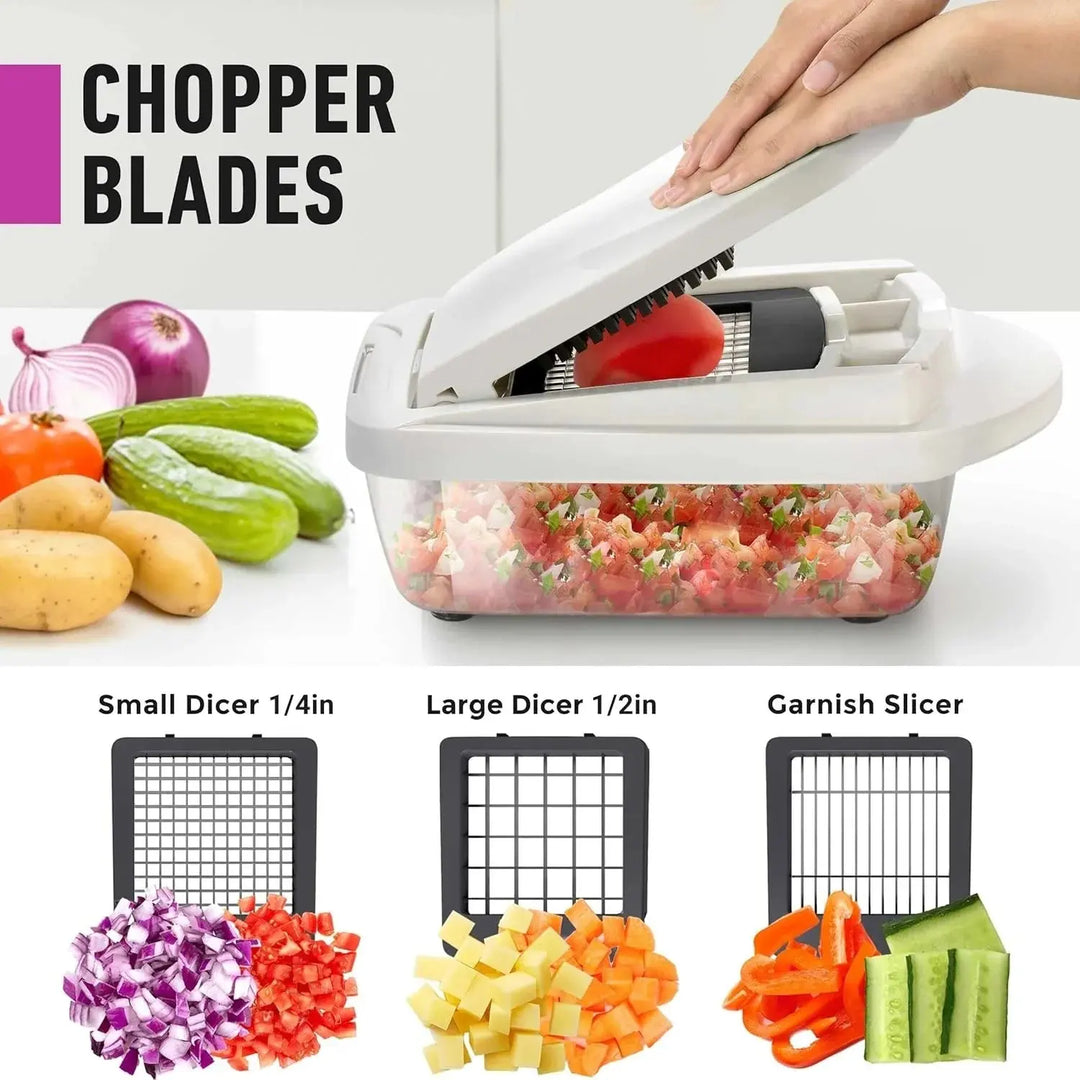Vegetable Chopper | Dice, Slice and Grate | Catch Container & Safety Holder