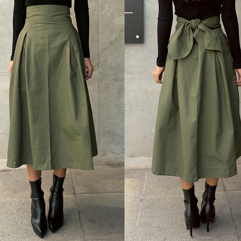 Women’s Summer Midi Skirt with Waist Pockets and Tie Waist