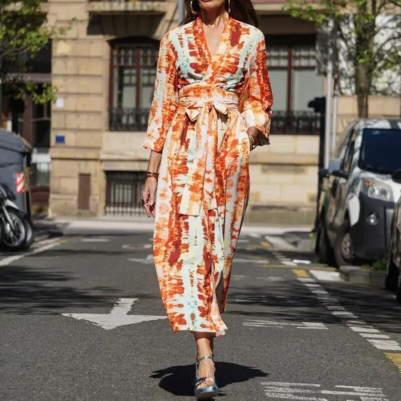 Women’s Mid-Length Wrap Dress with Tie-Dye Pattern