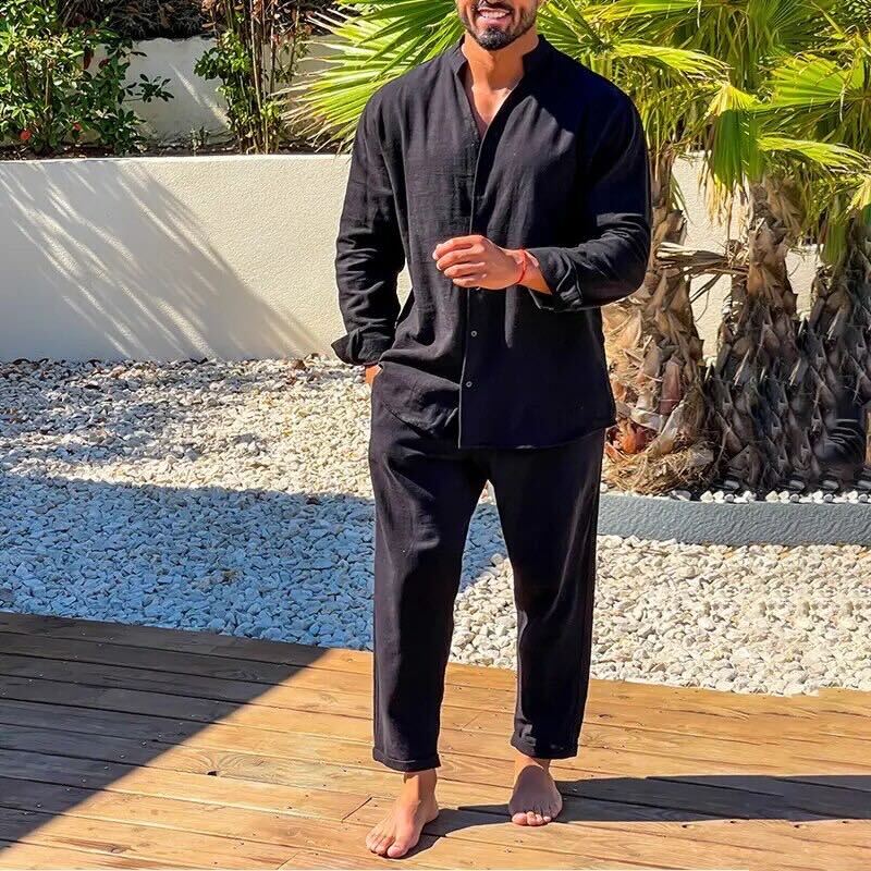 Men’s Linen Set with Long-Sleeved Top and Pants