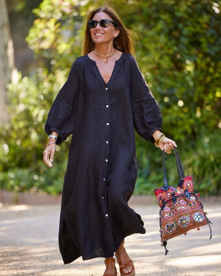 Women’s Ankle-Length Linen Dress with V-Neck and Puffy Sleeves