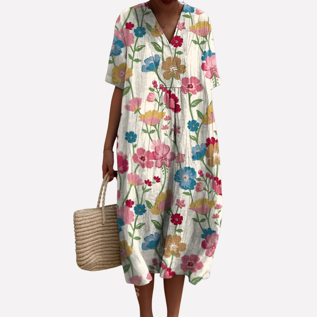 Women’s Floral Summer Dress – V-Neck &amp; Short Sleeves