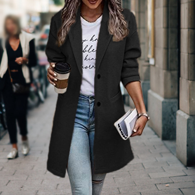 Mid-Length Coat with Buttons and Pockets for Women