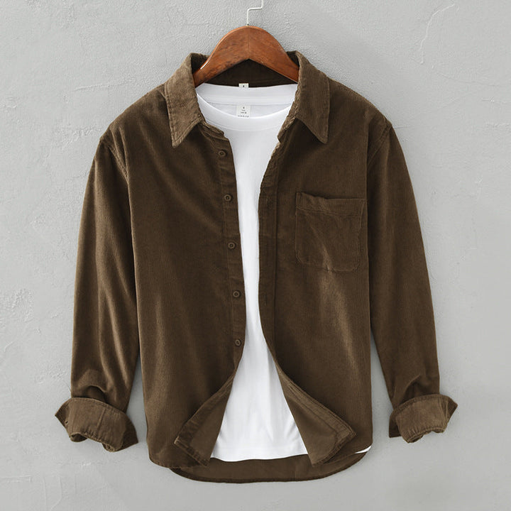 Corduroy Shirt with Buttons and Chest Pocket for Men