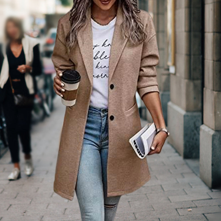 Mid-Length Coat with Buttons and Pockets for Women