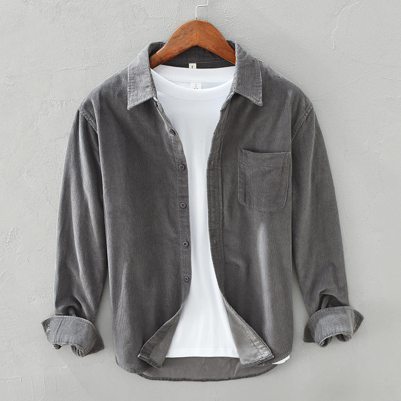 Corduroy Shirt with Buttons and Chest Pocket for Men