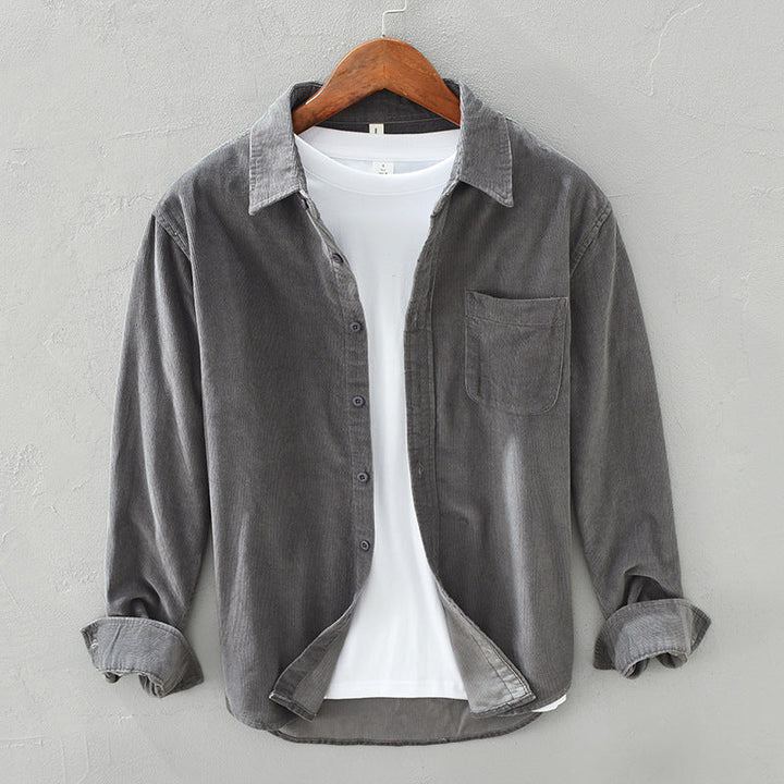 Corduroy Shirt with Buttons and Chest Pocket for Men