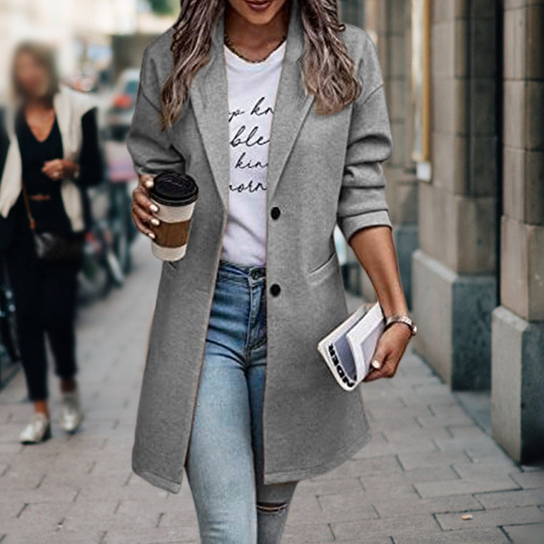 Mid-Length Coat with Buttons and Pockets for Women