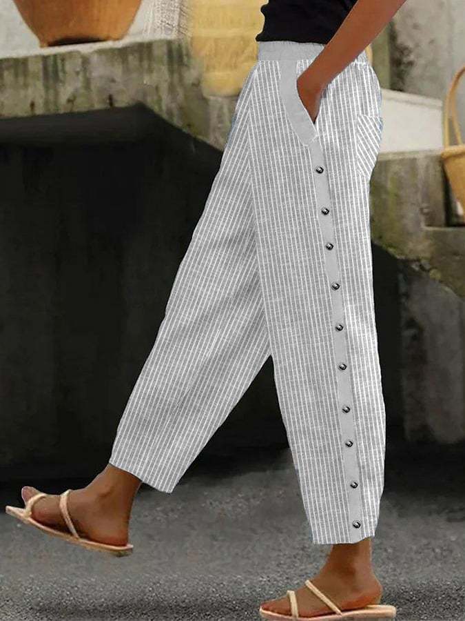 Women's Striped Pants with Button Detail